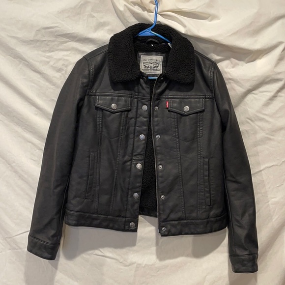 Black Leather Sherpa Levi’s Jacket - Picture 1 of 2